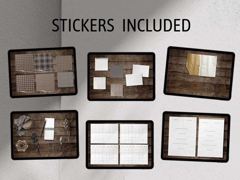 May include: A set of digital planner stickers featuring a variety of designs, including plaid patterns, blank notes, and a calendar grid. The stickers are displayed on a digital screen with a wood grain background. "Stickers Included" is written in white text on a black background.