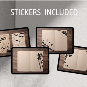 May include: Four digital screens displaying different black ink splatter designs on a wood background. The text "STICKERS INCLUDED" is at the top of the image.
