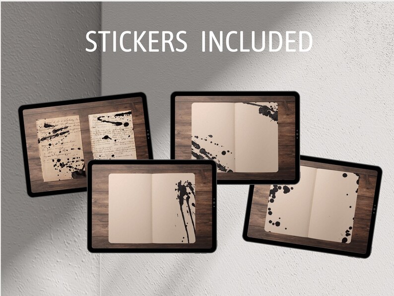 May include: Four digital screens displaying different black ink splatter designs on a wood background. The text "STICKERS INCLUDED" is at the top of the image.