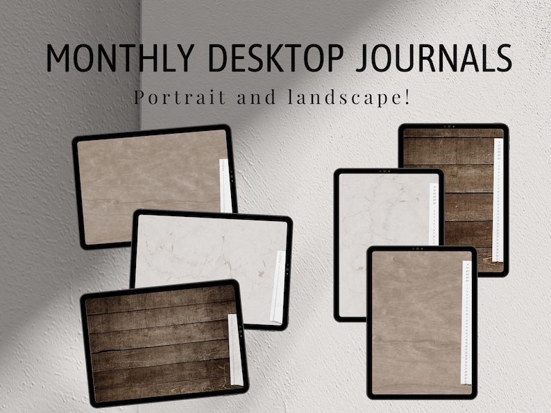 May include: Five digital desktop journal templates displayed on a white background. The templates feature different textures, including wood grain, marble, and a light brown paper texture. The text "Monthly Desktop Journals" and "Portrait and landscape!" is displayed at the top of the image.