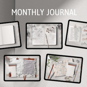 K&ouml;nnte beinhalten: F&uuml;nf digitale Tablet-Bildschirme, die verschiedene Layouts f&uuml;r ein monatliches Tagebuch anzeigen. Die Bildschirme zeigen eine leere Tagebuchseite, eine Tagebuchseite mit einem handschriftlichen Eintrag, eine Seite mit einem Rasterlayout, eine Seite mit einer Liste von Aufforderungen und eine Seite mit einem Kalenderlayout. Der Text "MONTHLY JOURNAL" wird oben im Bild angezeigt.
