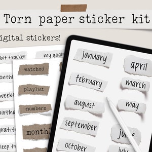 May include: Digital sticker kit with a torn paper design. The kit includes digital stickers with months, habit trackers, and other labels. The words "Torn paper sticker kit" and "Digital stickers!" are displayed at the top.