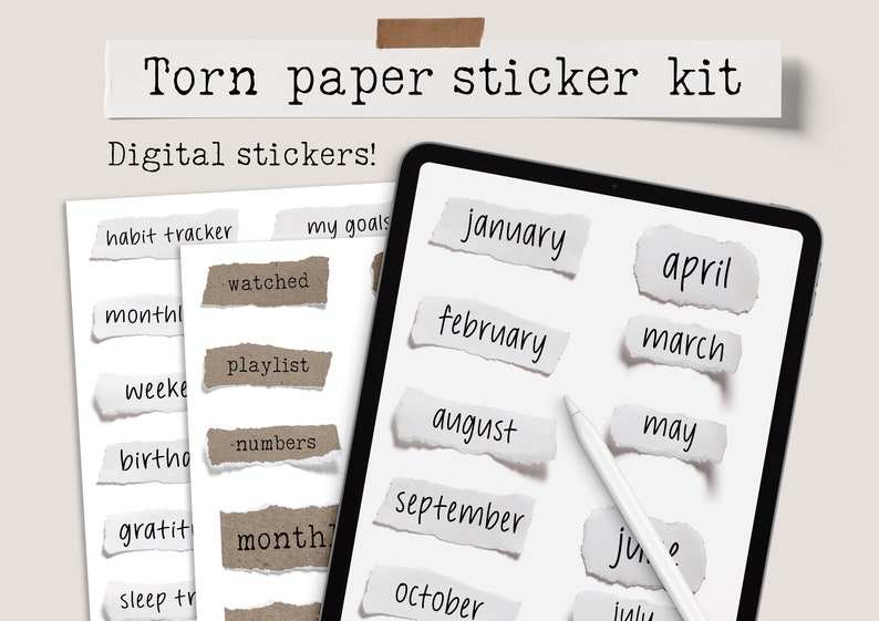 May include: Digital sticker kit with a torn paper design. The kit includes digital stickers with months, habit trackers, and other labels. The words "Torn paper sticker kit" and "Digital stickers!" are displayed at the top.