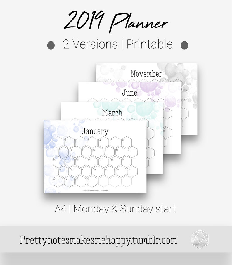 2019 Monthly Printable Calendar Color Or Black And White Etsy