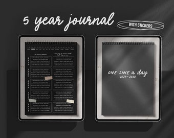 Dark mode 5 year journal digital, 2024-2028, digital five year journal, one line a day journal, memory diary, iPad journal, digital planner