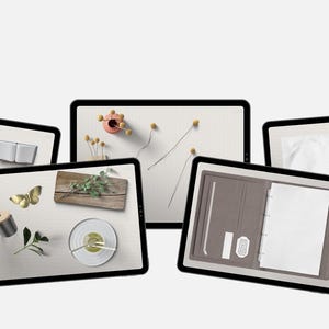 May include: A collection of eight different flat lay images featuring various stationery items, including notebooks, journals, pens, pencils, and other office supplies. The images are arranged in a grid pattern and feature a variety of colors and textures.