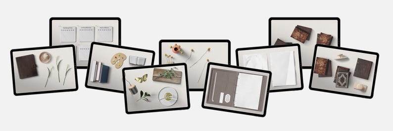 May include: A collection of eight different flat lay images featuring various stationery items, including notebooks, journals, pens, pencils, and other office supplies. The images are arranged in a grid pattern and feature a variety of colors and textures.