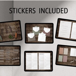 May include: A digital planner with stickers, including weekly planning pages, envelopes, and washi tape. The stickers are in various colors and patterns, including brown, green, and white.