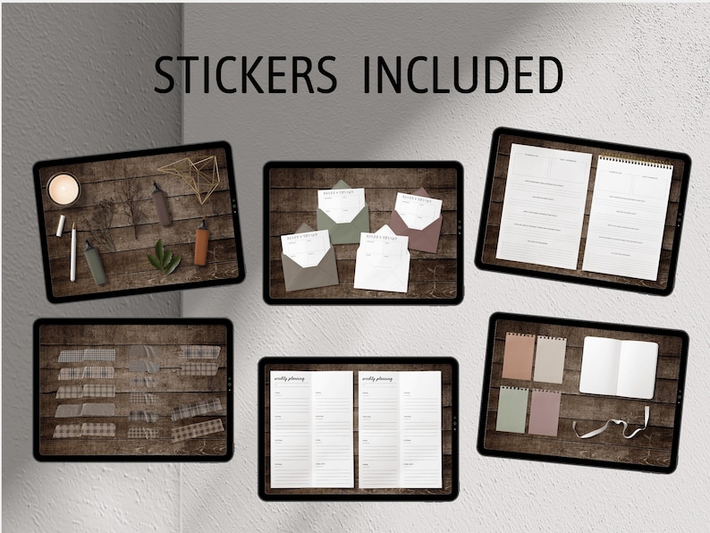 May include: A digital planner with stickers, including weekly planning pages, envelopes, and washi tape. The stickers are in various colors and patterns, including brown, green, and white.
