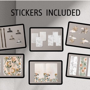 May include: A set of digital stickers featuring various designs, including floral patterns, clouds, and birds. The stickers are displayed on a digital screen with the text "Stickers Included".