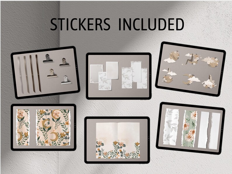 May include: A set of digital stickers featuring various designs, including floral patterns, clouds, and birds. The stickers are displayed on a digital screen with the text "Stickers Included".