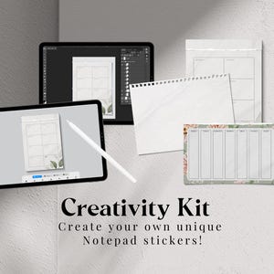 May include: A digital creativity kit featuring a floral design. The kit includes printable notepad stickers with a floral design. The text on the image reads "Creativity Kit Create your own unique Notepad stickers!"