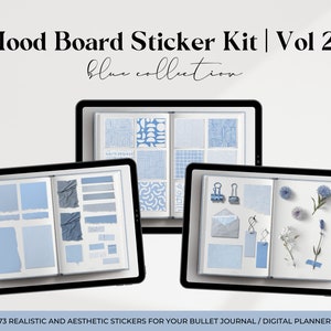 May include: A digital planner open to reveal a set of 73 blue and white stickers. The stickers are arranged in three sections, with the text "Mood Board Sticker Kit | Vol 2" and "blue collection" at the top of the image.
