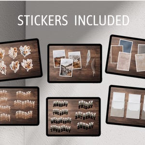 May include: A set of digital planner stickers featuring floral illustrations, days of the week, and decorative elements. The stickers are displayed on a wood background.