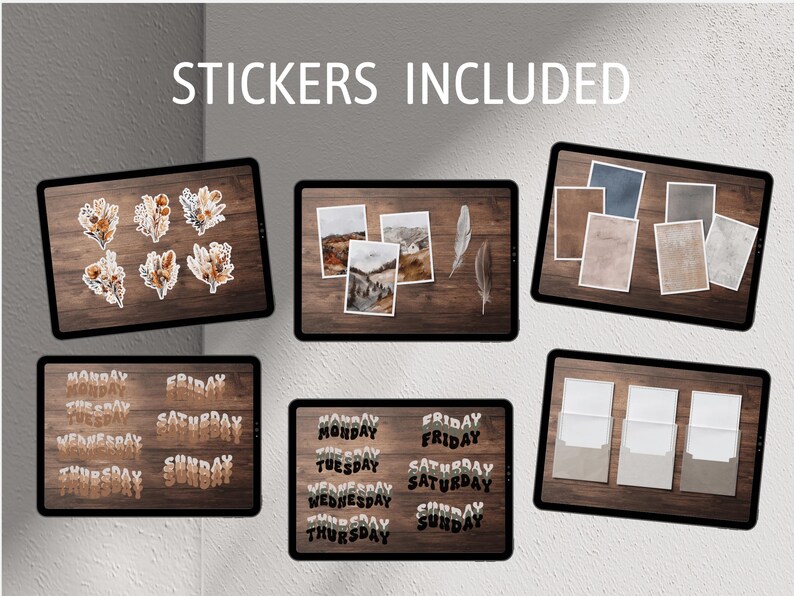 May include: A set of digital planner stickers featuring floral illustrations, days of the week, and decorative elements. The stickers are displayed on a wood background.