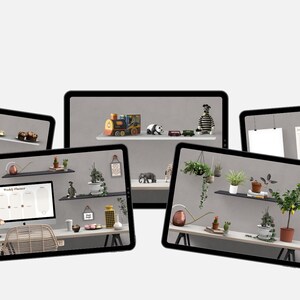 May include: A collection of 10 different home decor shelf arrangements featuring various items, including plants, books, artwork, and decorative objects. The shelves are all black and have a modern minimalist style.