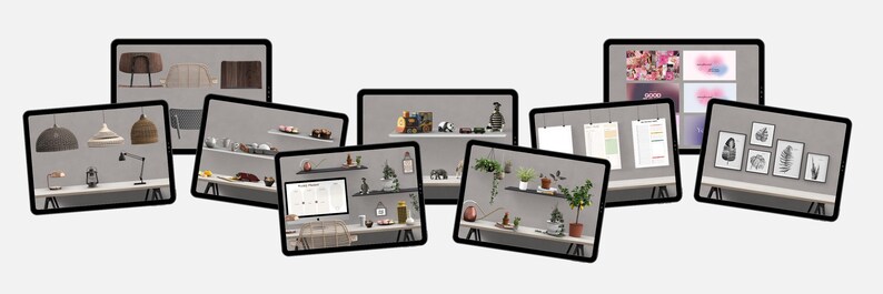 May include: A collection of 10 different home decor shelf arrangements featuring various items, including plants, books, artwork, and decorative objects. The shelves are all black and have a modern minimalist style.
