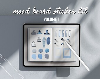 Digital Mood Board Sticker Kit, Realistic Goodnotes stickers, Blue iPad Stickers, post it notes, pins, paper clips, wash tape, photo frames