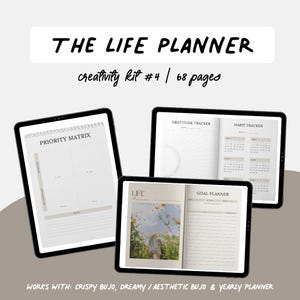 May include: A digital planner kit with 68 pages for goal setting, habit tracking, and more. The kit includes a priority matrix, gratitude tracker, habit tracker, and goal planner. The kit is designed for use with a digital planner app.