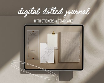 May include: A digital dotted journal with stickers and templates displayed on a computer screen. The journal is open to a page with a list of "my favorite stickers" and a section for "sections". A blank note pad with a gold clip is on the screen, along with a drawing of a person. A beige book with the text "BULLET JOURNAL" is also on the screen.