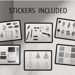 May include: A set of digital stickers for use in digital planners or other digital projects. The stickers include a variety of designs, including plants, geometric patterns, and Christmas trees. The text "STICKERS INCLUDED" is displayed at the top of the image.