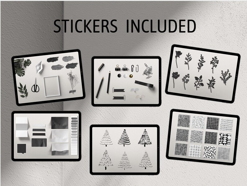 May include: A set of digital stickers for use in digital planners or other digital projects. The stickers include a variety of designs, including plants, geometric patterns, and Christmas trees. The text "STICKERS INCLUDED" is displayed at the top of the image.