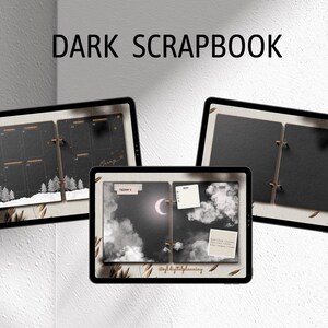 May include: Three digital scrapbook pages with a dark background and gold accents. The first page has a calendar layout with a snowy scene at the bottom. The second page has a night sky with clouds and a crescent moon. The third page is blank with a ring binder.