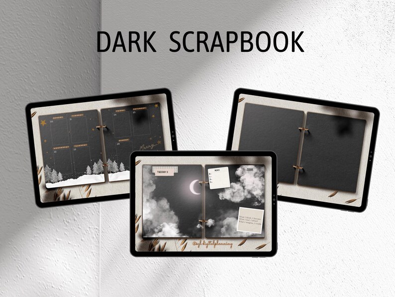 May include: Three digital scrapbook pages with a dark background and gold accents. The first page has a calendar layout with a snowy scene at the bottom. The second page has a night sky with clouds and a crescent moon. The third page is blank with a ring binder.