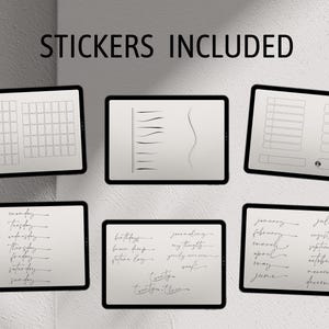 May include: A set of digital planner stickers for iPad or other tablets. The stickers include a grid, lines, days of the week, months of the year, birthdays, journaling, and more.