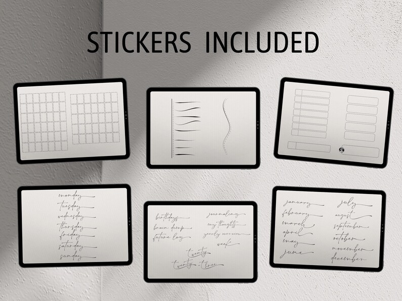 May include: A set of digital planner stickers for iPad or other tablets. The stickers include a grid, lines, days of the week, months of the year, birthdays, journaling, and more.