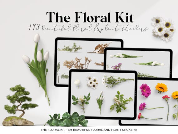 The Floral sticker kit, digital flower stickers, top view and front view. Flowers, plants, bouquets and petals