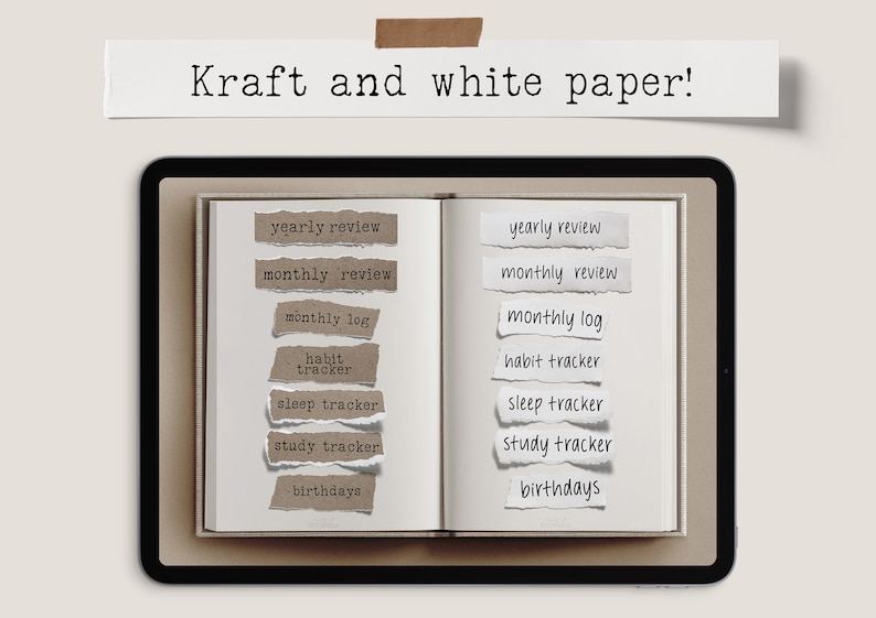 May include: An open notebook with white pages and torn kraft paper labels. The labels include terms like "yearly review," "monthly review," and "habit tracker." The text "Kraft and white paper!" is above the notebook.
