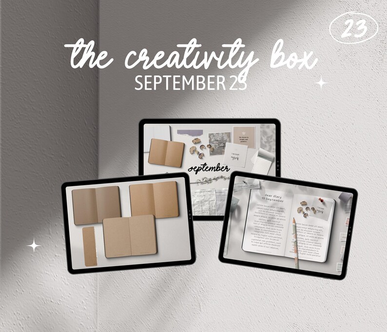 K&ouml;nnte beinhalten: Ein digitales Mockup einer Abo-Box mit einem braunen Notizbuch, einem Tagebuch mit dem Text "Liebes Tagebuch" und dem Datum "29. September" sowie dem Text "The Creativity Box SEPTEMBER 29".