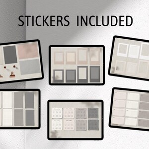 May include: A set of digital planner stickers in a variety of shapes and sizes. The stickers are in shades of gray and beige and feature different designs, including squares, rectangles, and circles. The text "STICKERS INCLUDED" is displayed at the top of the image.