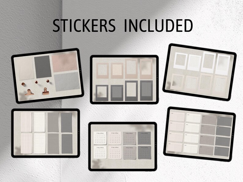 May include: A set of digital planner stickers in a variety of shapes and sizes. The stickers are in shades of gray and beige and feature different designs, including squares, rectangles, and circles. The text "STICKERS INCLUDED" is displayed at the top of the image.