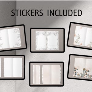 May include: Set of six printable planner stickers featuring different floral designs. The stickers are in black frames and have a white background. The designs include a floral wreath, a floral border, and a floral pattern.