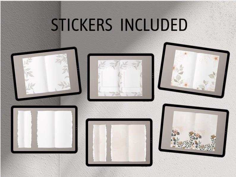 May include: Set of six printable planner stickers featuring different floral designs. The stickers are in black frames and have a white background. The designs include a floral wreath, a floral border, and a floral pattern.