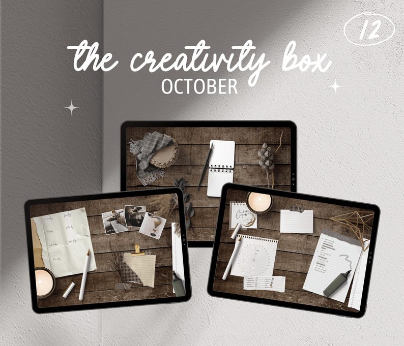 May include: Three digital tablet screens with a wood grain background. Each screen displays a different layout of paper goods, including a notebook, a planner, and a sheet of paper with a handwritten note. The text "the creativity box OCTOBER" is displayed at the top of the image.