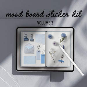 May include: A digital tablet displaying a mood board sticker kit with blue and white patterned paper, blue and white flowers, and a white stylus. The text "mood board sticker kit VOLUME 2" is displayed at the top of the screen.
