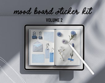 Stickers bleus Goodnotes, stickers pour agenda numérique, cliparts et stickers iPad prérecadrés, stickers réalistes pour carnet Bujo, mood board