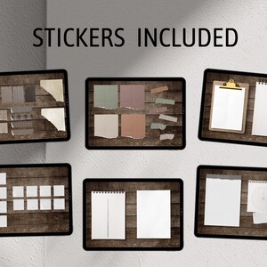 May include: A set of digital planner stickers featuring various designs, including patterned squares, torn paper edges, and blank spaces. The stickers are displayed on a digital screen with a wood grain background. The text "STICKERS INCLUDED" is displayed at the top of the image.