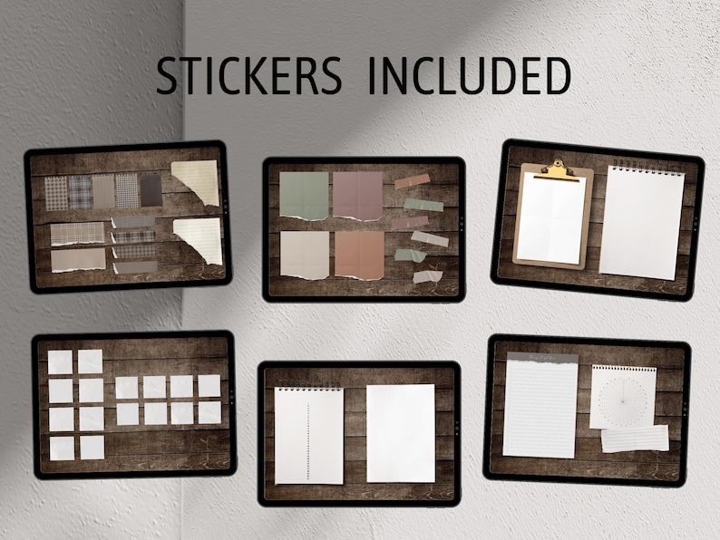 May include: A set of digital planner stickers featuring various designs, including patterned squares, torn paper edges, and blank spaces. The stickers are displayed on a digital screen with a wood grain background. The text "STICKERS INCLUDED" is displayed at the top of the image.
