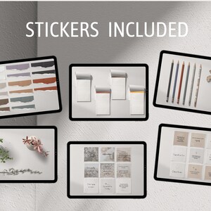 K&ouml;nnte beinhalten: Ein Set digitaler Planer-Aufkleber mit verschiedenen Designs, darunter zerrissene Papierkanten, handschriftliche Notizen und florale Elemente. Die Aufkleber werden auf einem digitalen Bildschirm angezeigt.