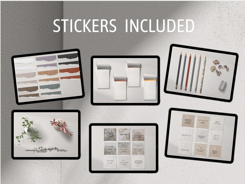 K&ouml;nnte beinhalten: Ein Set digitaler Planer-Aufkleber mit verschiedenen Designs, darunter zerrissene Papierkanten, handschriftliche Notizen und florale Elemente. Die Aufkleber werden auf einem digitalen Bildschirm angezeigt.