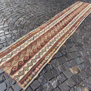 Handwoven Turkish Kilim Runner Rug: Vintage Oushak, 12 x 2.4 ft