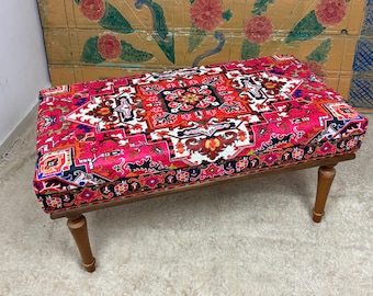 Handmade Turkish Kilim Bench: Boho Ottoman Bench, Hornbeam & Beech Wood