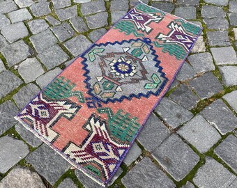 Vintage Rug, Turkish Rug, Doormat Rug, Boho Deco, Handmade Rug, Home Decor, Carpet, Wool Rug 35 x 77 cm = 1,1 x 2,5 ft