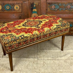 Handmade Kilim Bench: Bohemian Ottoman Bench with Beech Wood Legs