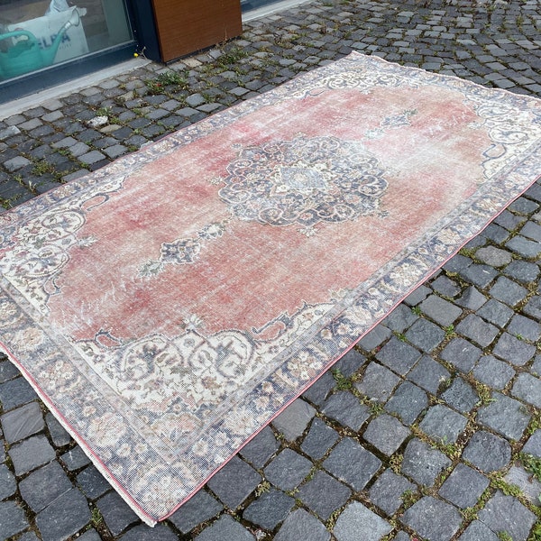 Oushak pink rug,Handknotted rug,Organic wool rug,Handmade area rug,Turkish rug,Primitive rug,Antique wool rug 4,7 x 8,5 ft Bohemian Rug