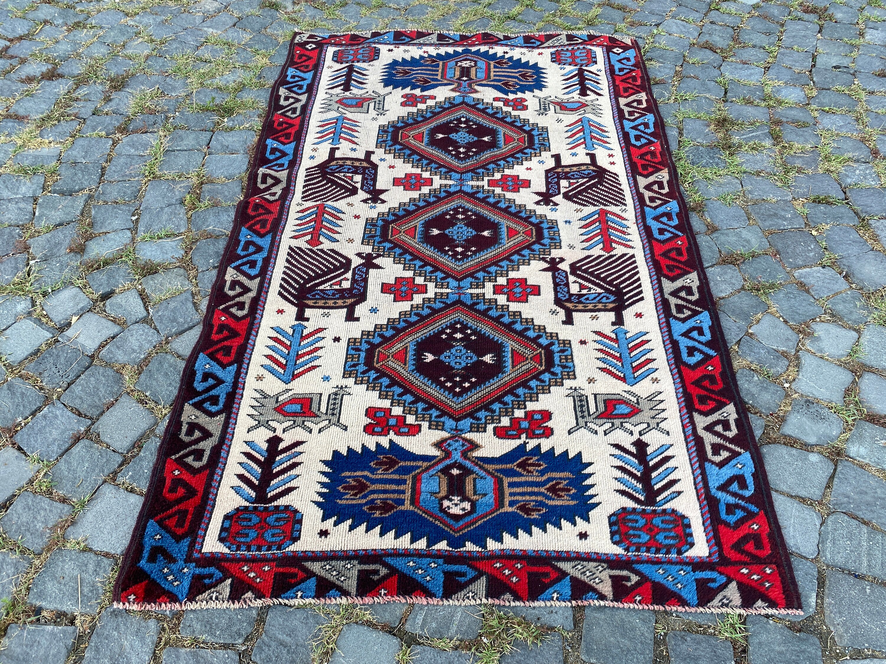 ヴィンテージ 手織り ランナーラグ 70×285cm ウール100% ヴィンテージトルコ製ランナーラグ：手織りウール、ボヘミアン風装飾